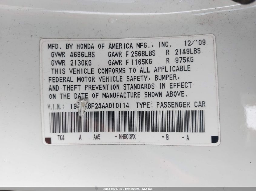 2010 Acura Tl 3.5 VIN: 19UUA8F24AA010114 Lot: 43971766