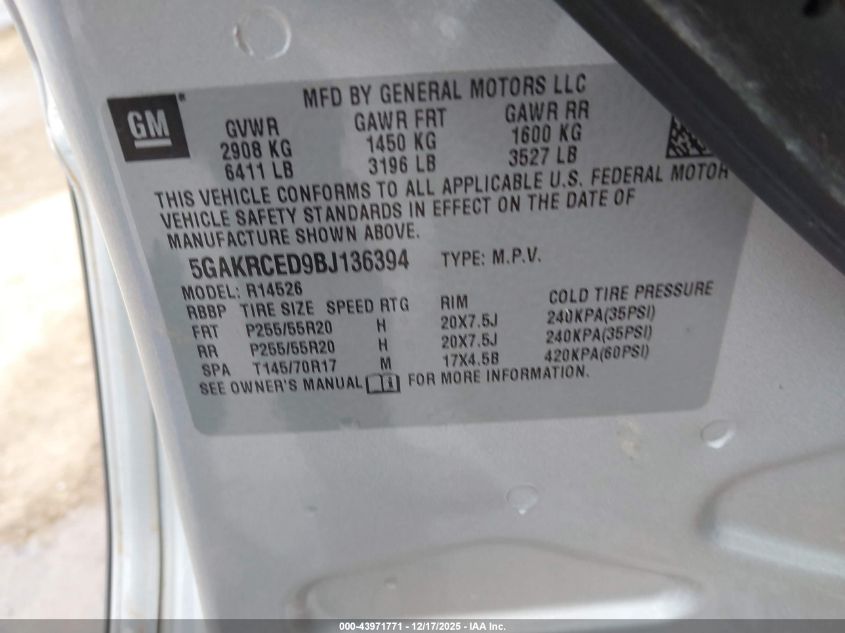 2011 Buick Enclave 2Xl VIN: 5GAKRCED9BJ136394 Lot: 43971771