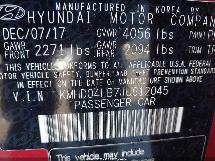 2018 Hyundai Elantra Sport VIN: KMHD04LB7JU612045 Lot: 43971773