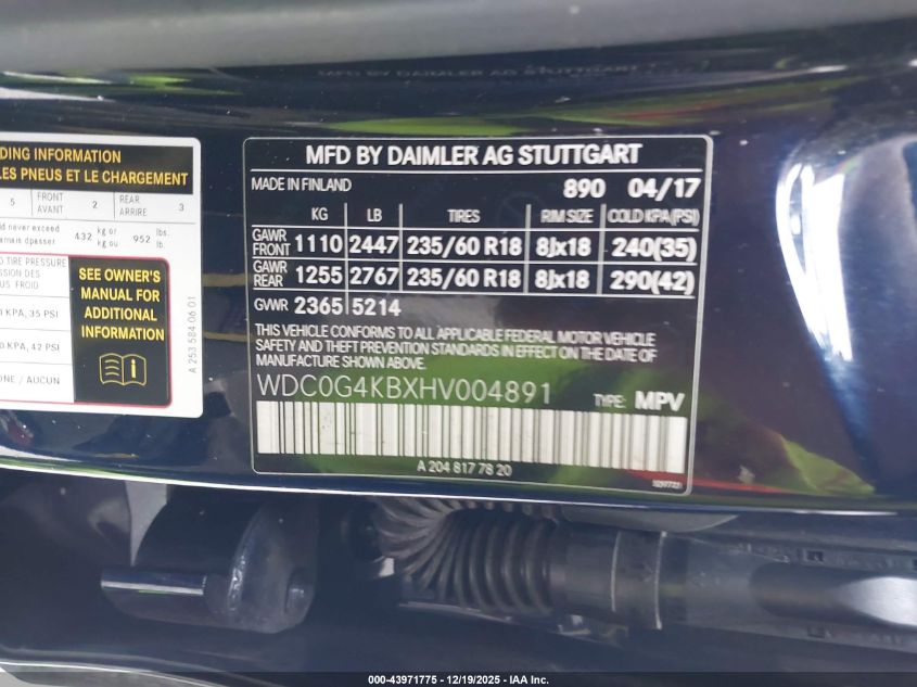 2017 Mercedes-Benz Glc 300 4Matic VIN: WDC0G4KBXHV004891 Lot: 43971775