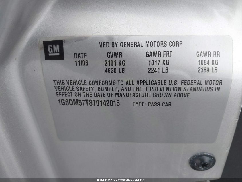 2007 Cadillac Cts Standard VIN: 1G6DM57T870142015 Lot: 43971777