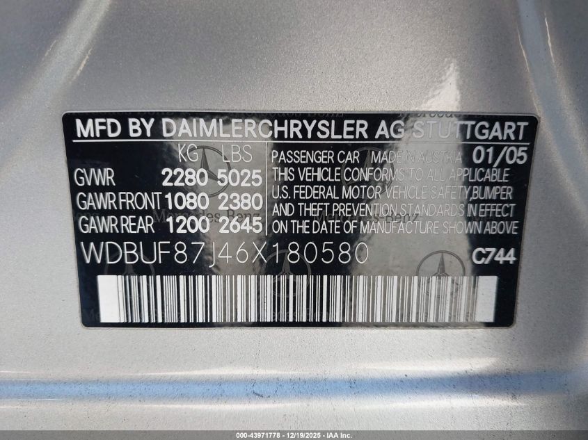 2006 Mercedes-Benz E 350 4Matic VIN: WDBUF87J46X180580 Lot: 43971778