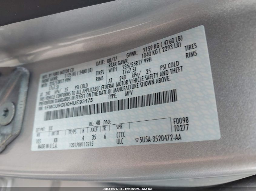 2017 Ford Escape Se VIN: 1FMCU9GD0HUE93175 Lot: 43971783