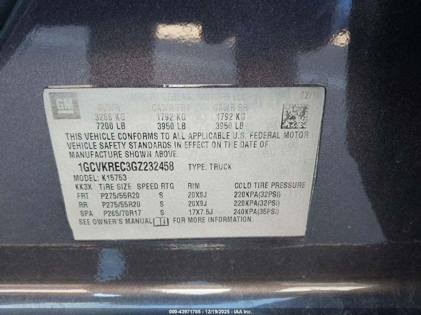 2016 Chevrolet Silverado 1500 1Lt VIN: 1GCVKREC3GZ232458 Lot: 43971785