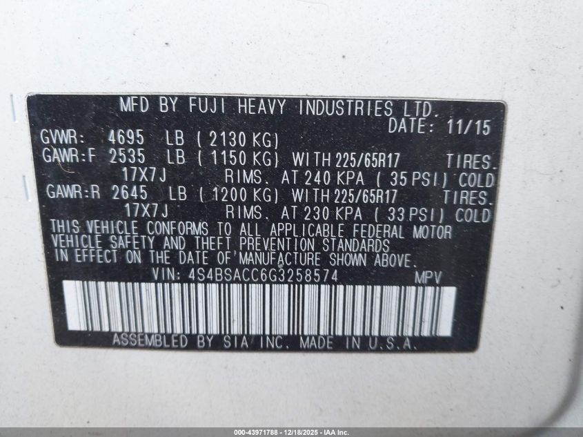 2016 Subaru Outback 2.5I Premium VIN: 4S4BSACC6G3258574 Lot: 43971788