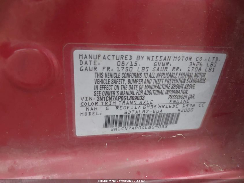 2016 Nissan Versa 1.6 S/1.6 S+/1.6 Sl/1.6 Sv VIN: 3N1CN7AP0GL809033 Lot: 43971789