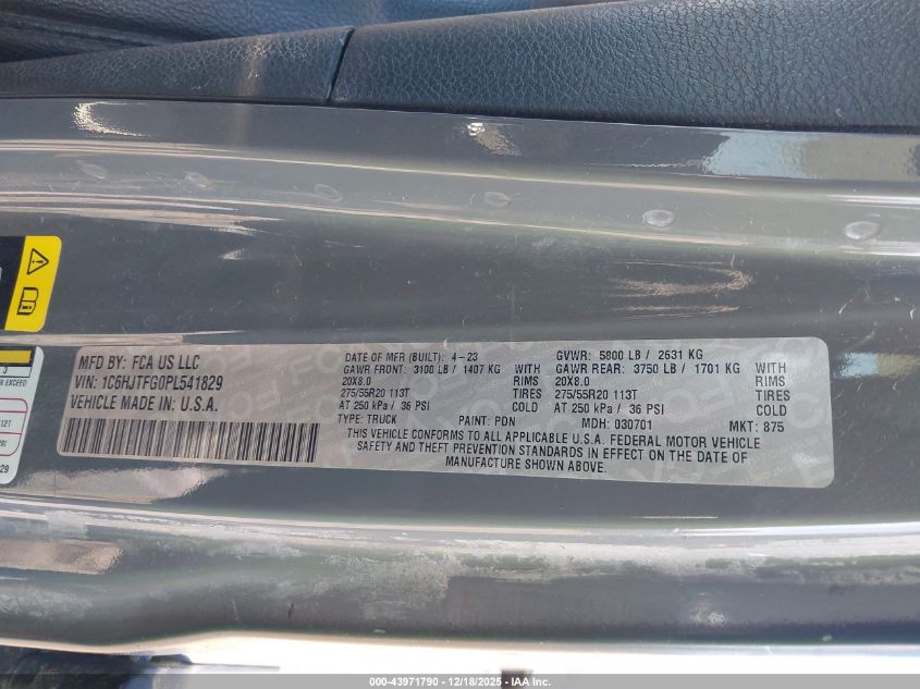 2023 Jeep Gladiator High Altitude 4X4 VIN: 1C6HJTFG0PL541829 Lot: 43971790