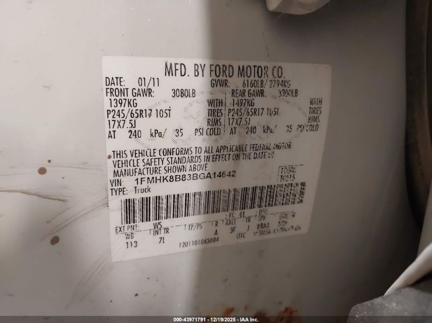 2011 Ford Explorer VIN: 1FMHK8B83BGA14642 Lot: 43971791