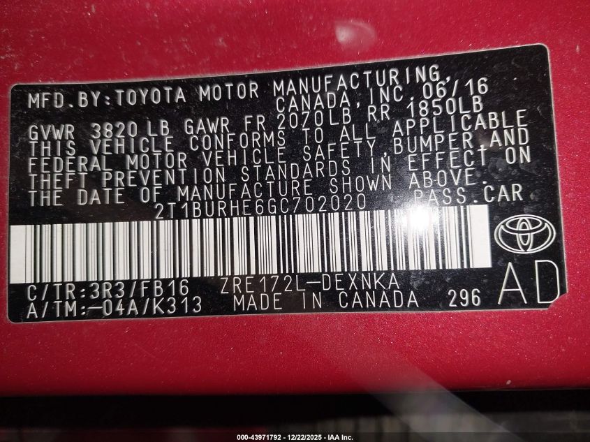 2016 Toyota Corolla Le VIN: 2T1BURHE6GC702020 Lot: 43971792