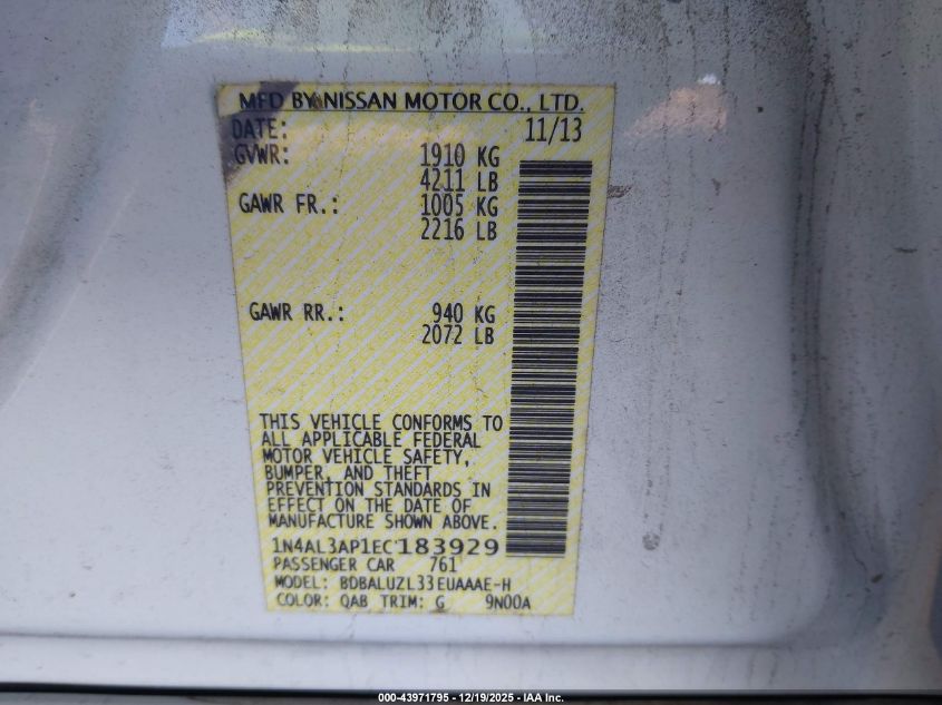 2014 Nissan Altima 2.5 Sv VIN: 1N4AL3AP1EC183929 Lot: 43971795