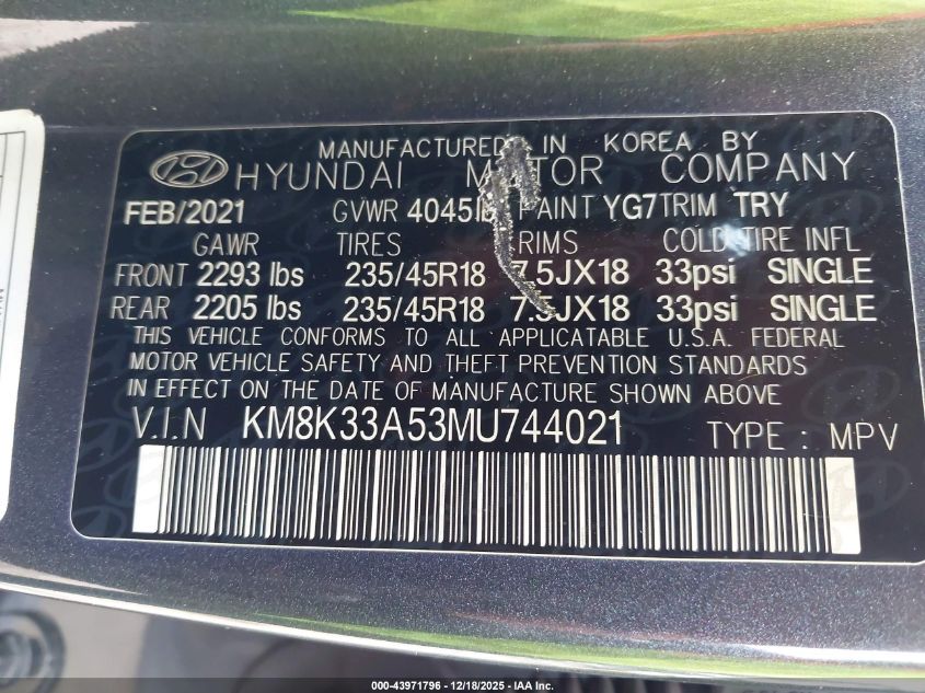 2021 Hyundai Kona Limited VIN: KM8K33A53MU744021 Lot: 43971796