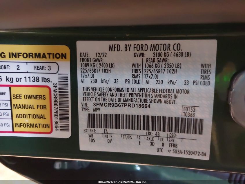 2023 Ford Bronco Sport Big Bend VIN: 3FMCR9B67PRD18664 Lot: 43971797