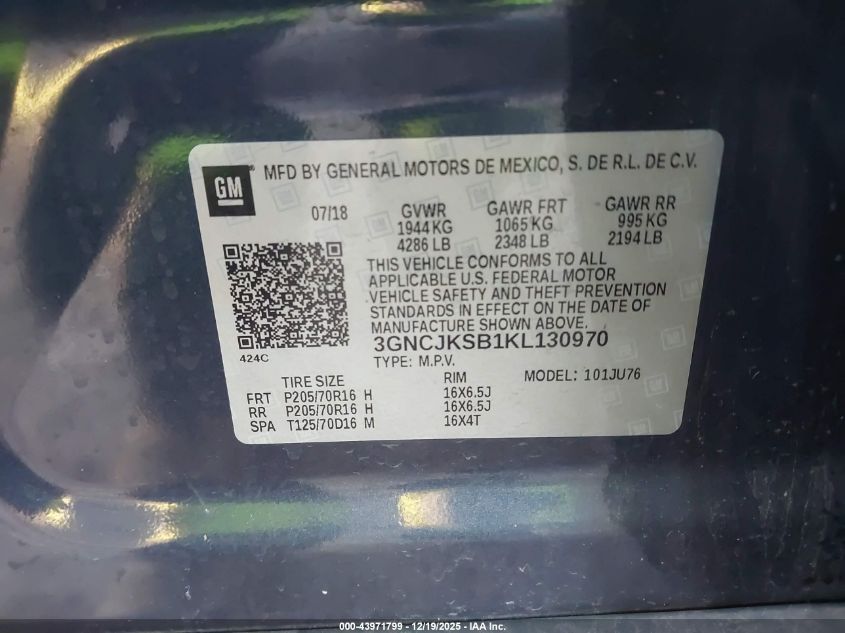 2019 Chevrolet Trax Ls VIN: 3GNCJKSB1KL130970 Lot: 43971799