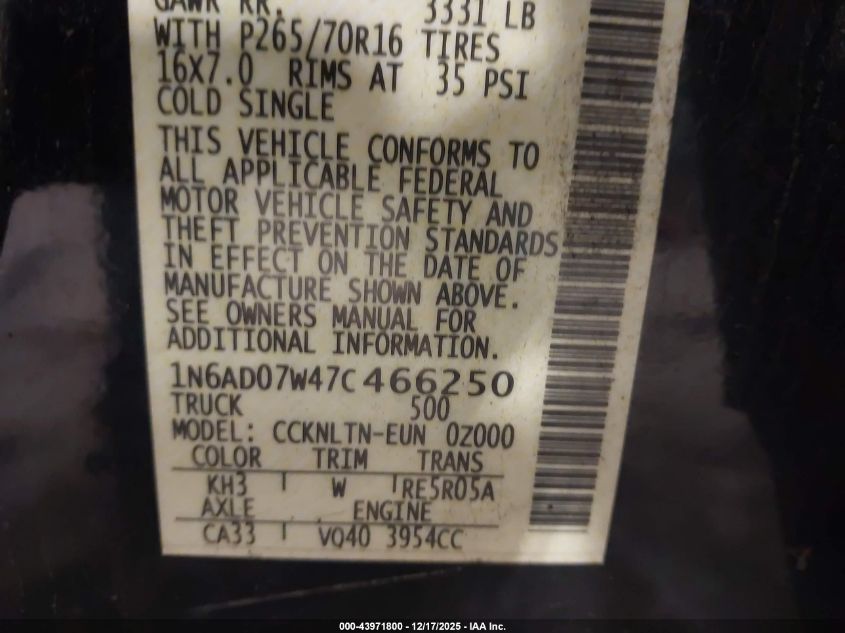 2007 Nissan Frontier Se VIN: 1N6AD07W47C466250 Lot: 43971800