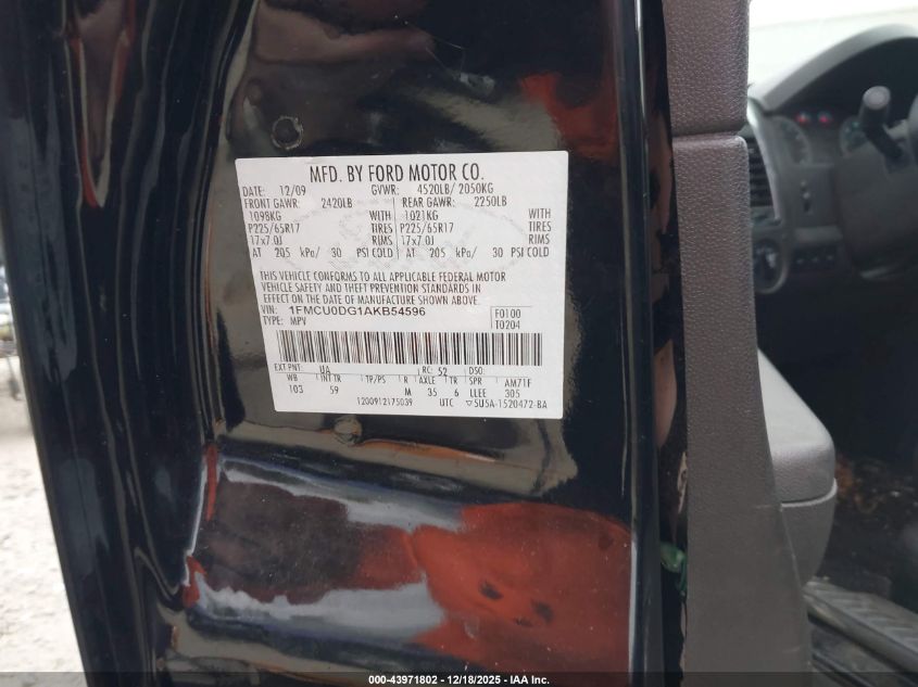 2010 Ford Escape Xlt VIN: 1FMCU0DG1AKB54596 Lot: 43971802