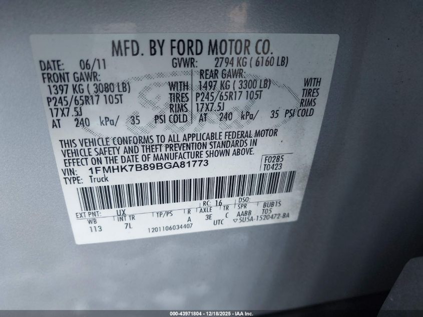 2011 Ford Explorer VIN: 1FMHK7B89BGA81773 Lot: 43971804