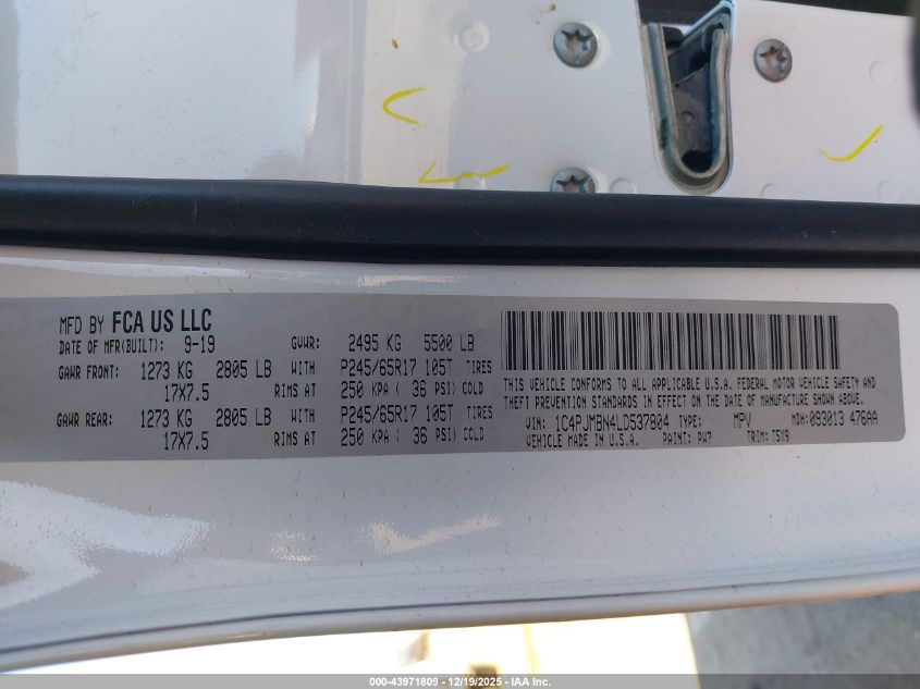 2020 Jeep Cherokee Trailhawk 4X4 VIN: 1C4PJMBN4LD537804 Lot: 43971809