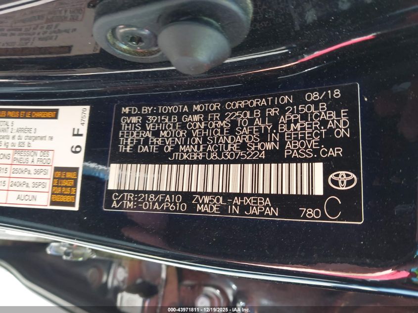 2018 Toyota Prius One VIN: JTDKBRFU8J3075224 Lot: 43971811