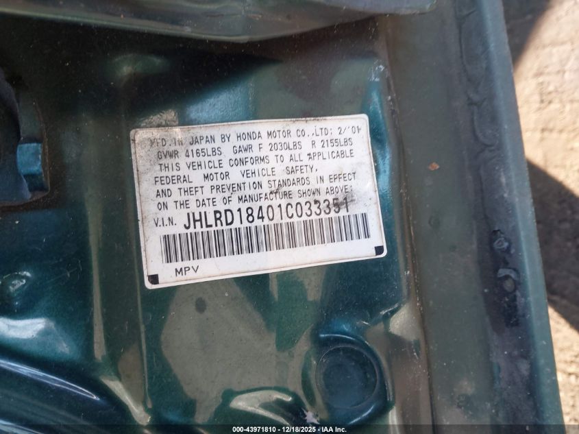 2001 Honda Cr-V Lx VIN: JHLRD18401C033351 Lot: 43971810