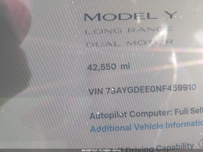 2022 Tesla Model Y Long Range Dual Motor All-Wheel Drive VIN: 7SAYGDEE0NF459910 Lot: 43971814