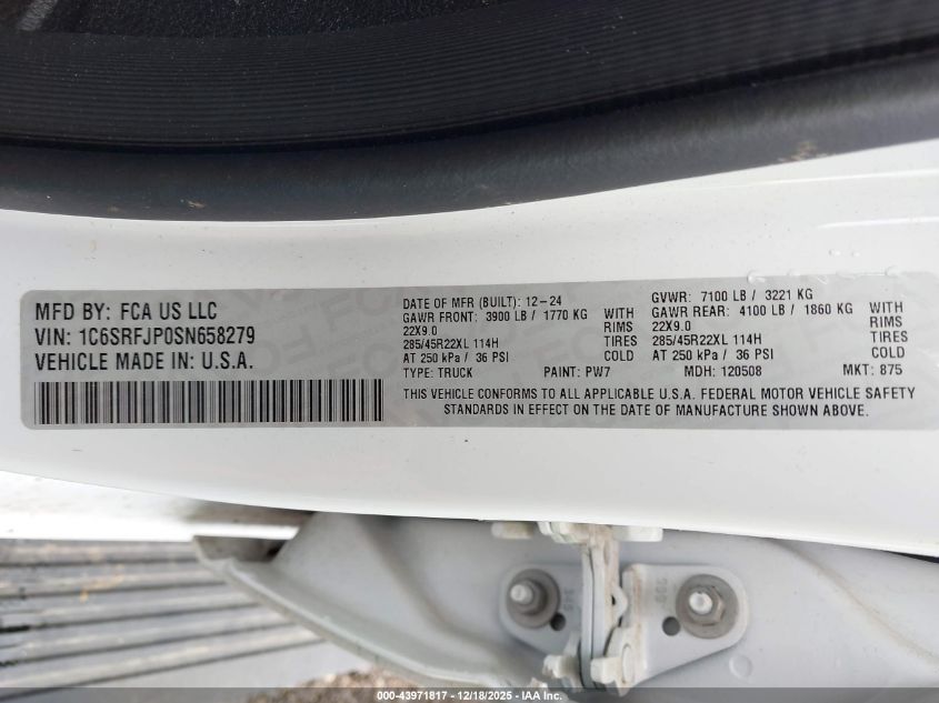 2025 Ram 1500 Laramie 4X4 5'7 Box VIN: 1C6SRFJP0SN658279 Lot: 43971817