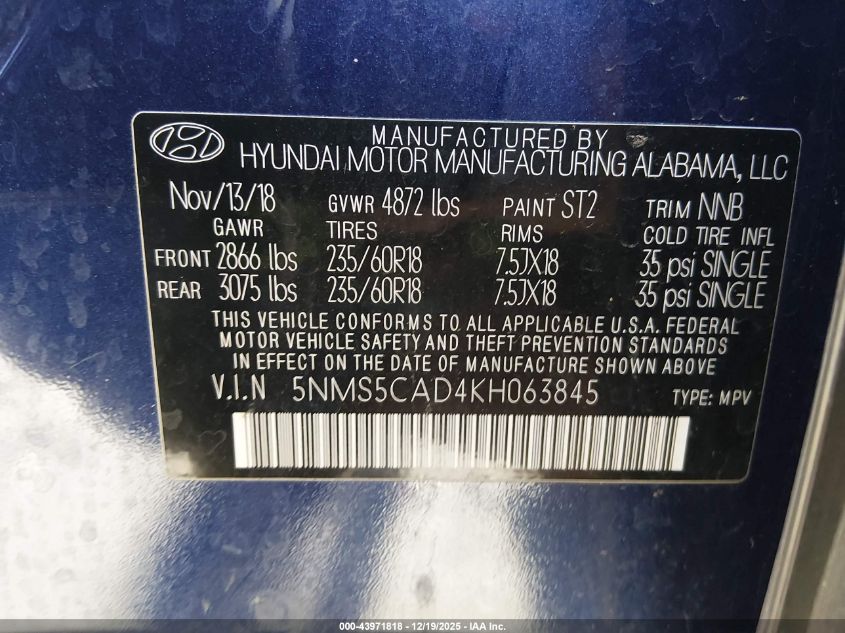 2019 Hyundai Santa Fe Ultimate VIN: 5NMS5CAD4KH063845 Lot: 43971818