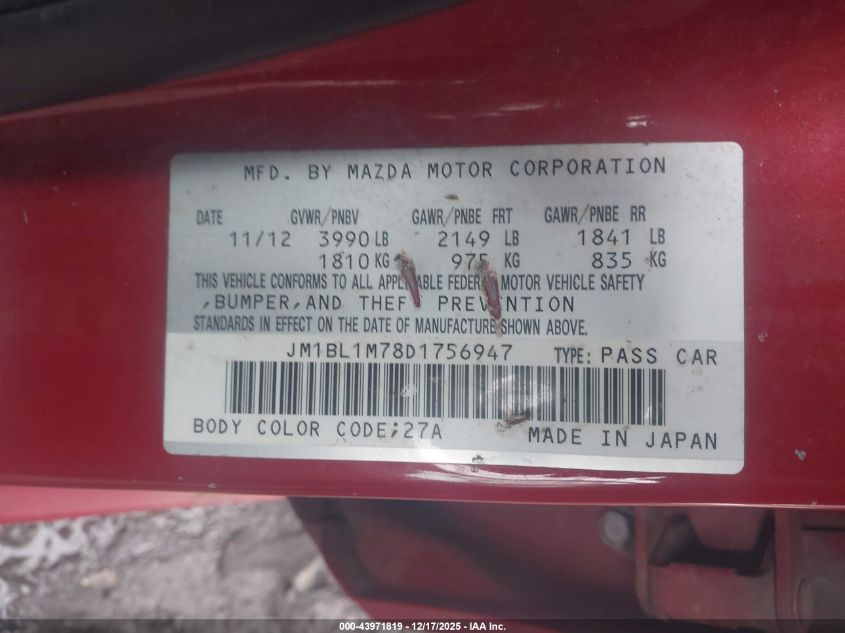 2013 Mazda Mazda3 I Grand Touring VIN: JM1BL1M78D1756947 Lot: 43971819