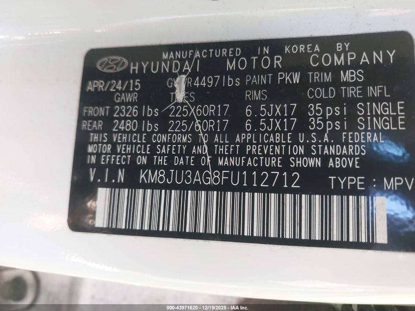 2015 Hyundai Tucson Se VIN: KM8JU3AG8FU112712 Lot: 43971820