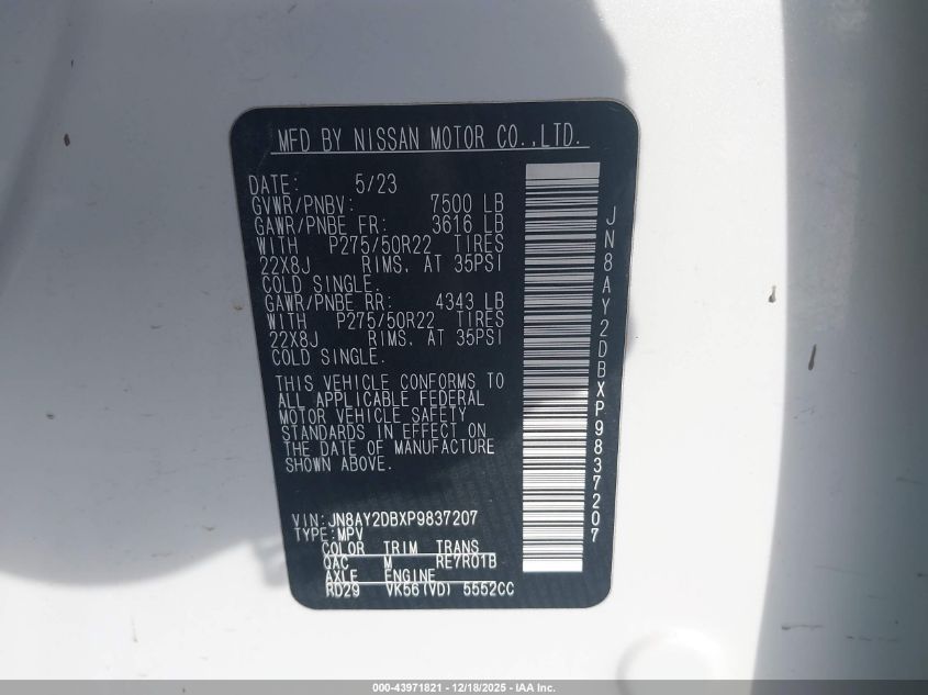 2023 Nissan Armada Platinum 4Wd VIN: JN8AY2DBXP9837207 Lot: 43971821