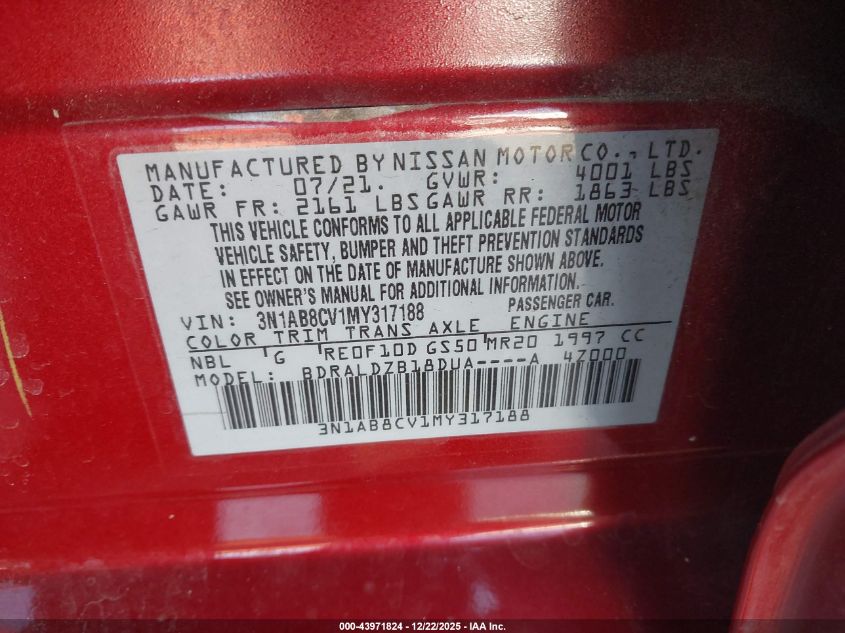 2021 Nissan Sentra Sv Xtronic Cvt VIN: 3N1AB8CV1MY317188 Lot: 43971824