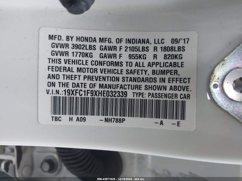 2017 Honda Civic Touring VIN: 19XFC1F9XHE032339 Lot: 43971825