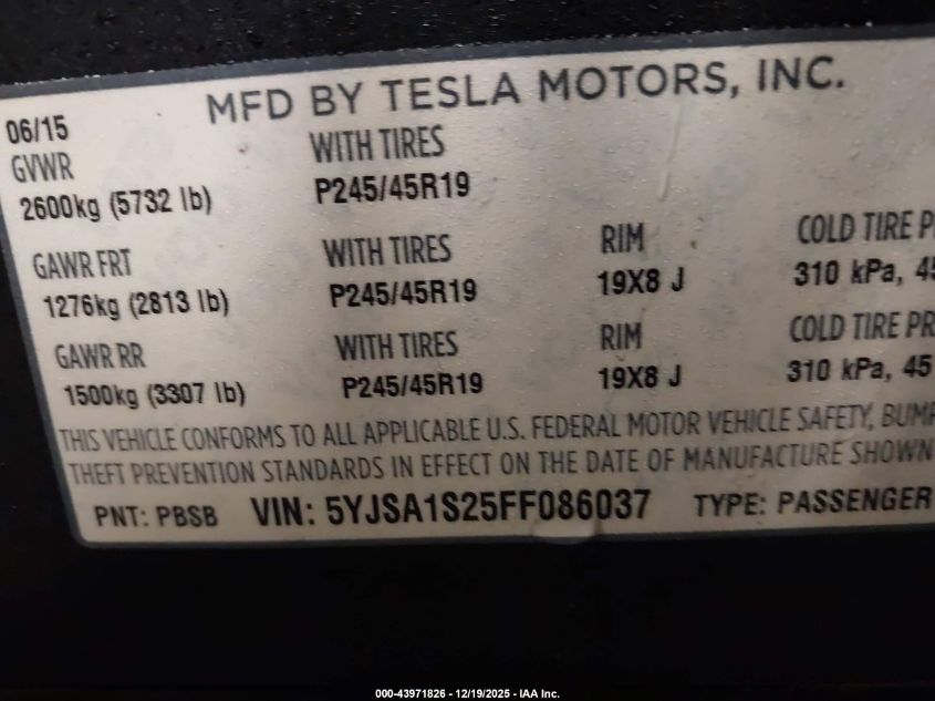 2015 Tesla Model S 70D/85D/P85D VIN: 5YJSA1S25FF086037 Lot: 43971826