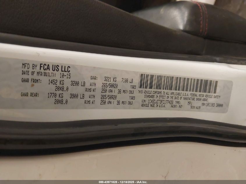 2015 Dodge Durango R/T VIN: 1C4SDJCT3FC177433 Lot: 43971828