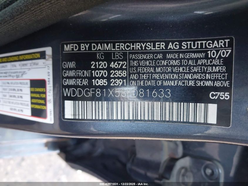 2008 Mercedes-Benz C 300 3.0L Luxury/Sport 4Matic VIN: WDDGF81X58F081633 Lot: 43971831