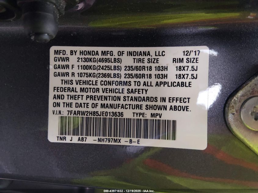 2018 Honda Cr-V Ex-L/Ex-L Navi VIN: 7FARW2H85JE013636 Lot: 43971832