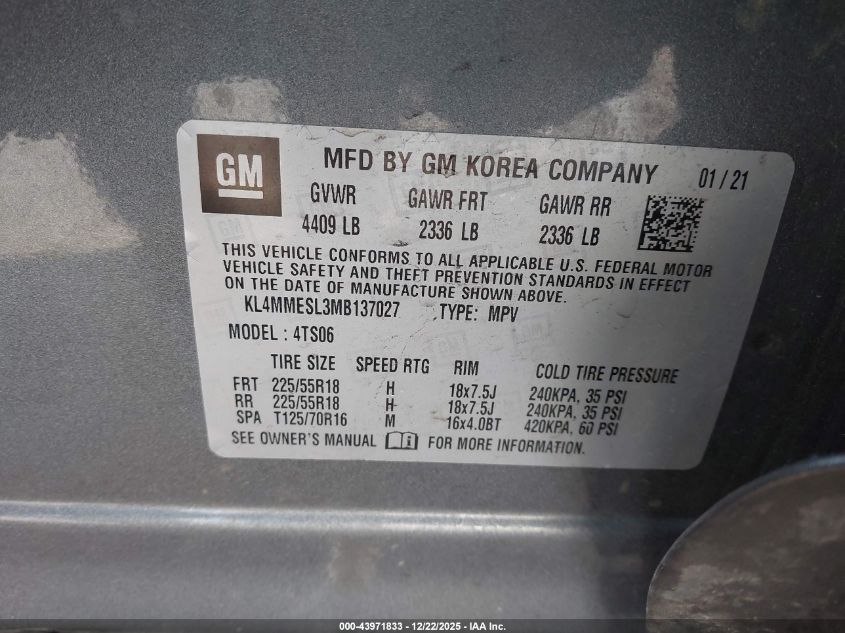 2021 Buick Encore Gx Awd Select VIN: KL4MMESL3MB137027 Lot: 43971833