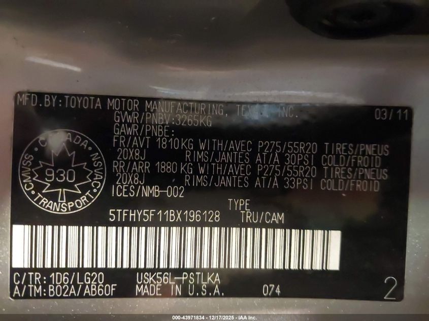 2011 Toyota Tundra Limited 5.7L V8 VIN: 5TFHY5F11BX196128 Lot: 43971834