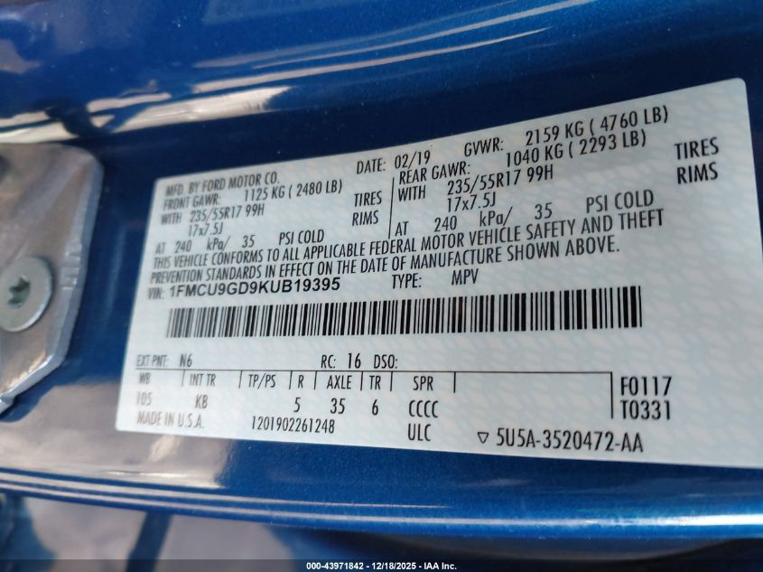 2019 Ford Escape Se VIN: 1FMCU9GD9KUB19395 Lot: 43971842