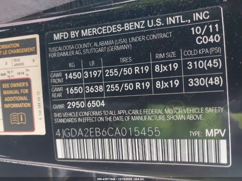 2012 Mercedes-Benz Ml 350 Bluetec 4Matic VIN: 4JGDA2EB6CA015455 Lot: 43971844