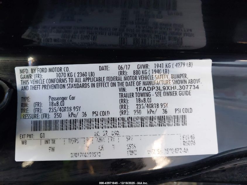 2017 Ford Focus St VIN: 1FADP3L9XHL307734 Lot: 43971845