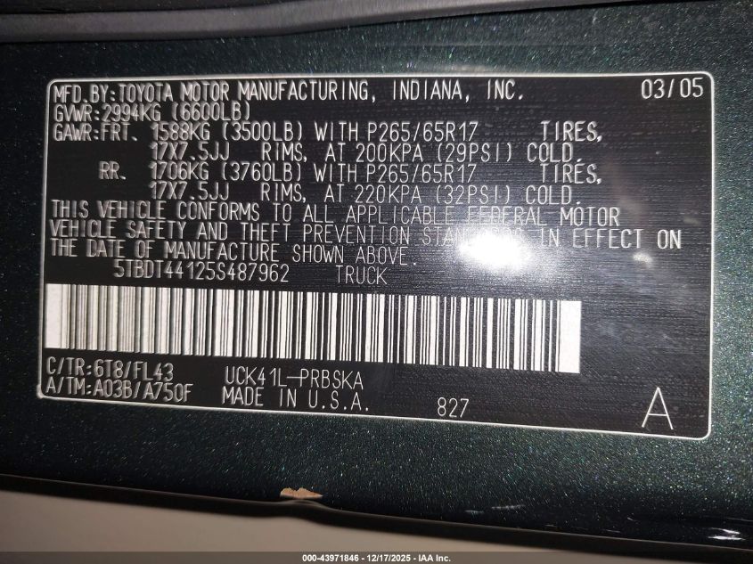 2005 Toyota Tundra Sr5 V8 VIN: 5TBDT44125S487962 Lot: 43971846