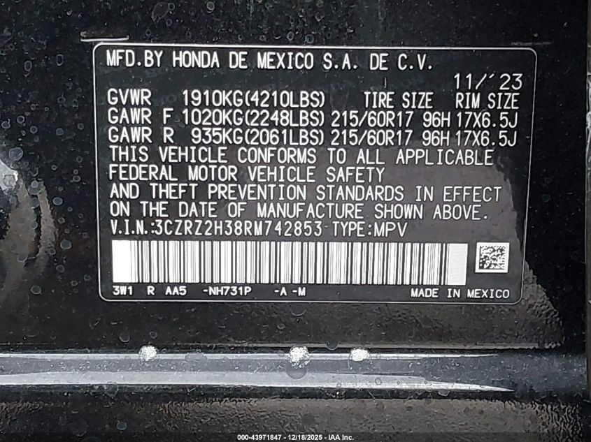 2024 Honda Hr-V Awd Lx VIN: 3CZRZ2H38RM742853 Lot: 43971847