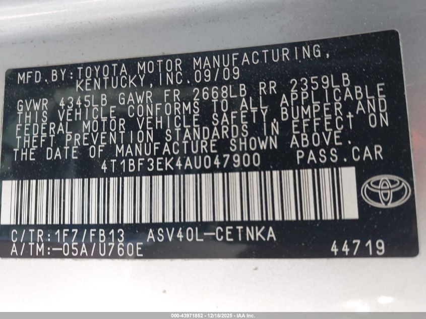 2010 Toyota Camry Le VIN: 4T1BF3EK4AU047900 Lot: 43971852