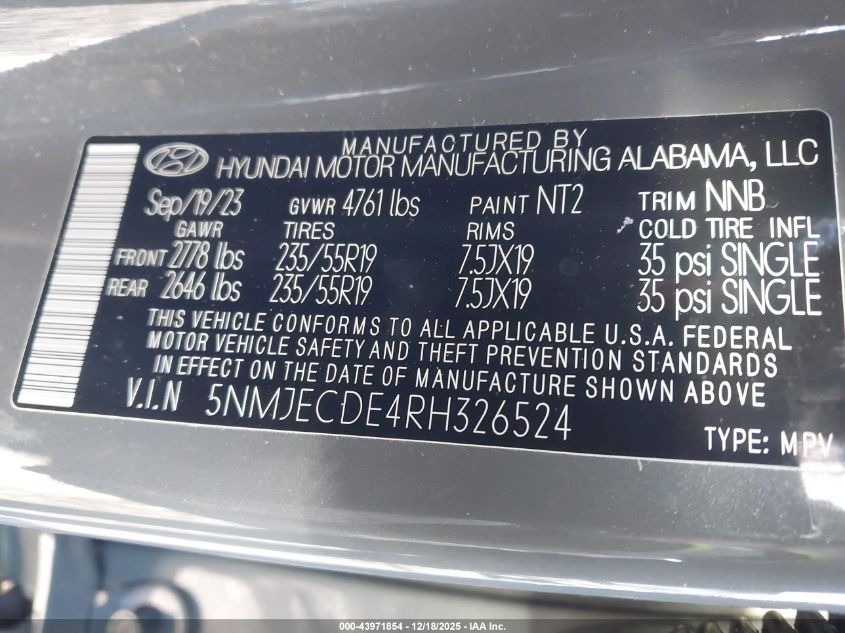 2024 Hyundai Tucson Limited VIN: 5NMJECDE4RH326524 Lot: 43971854