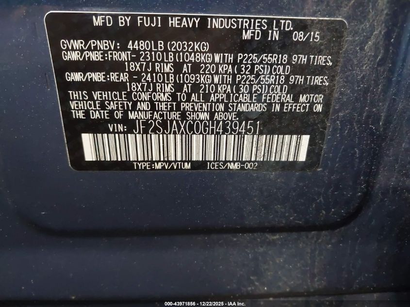 2016 Subaru Forester 2.5I Touring VIN: JF2SJAXC0GH439451 Lot: 43971856