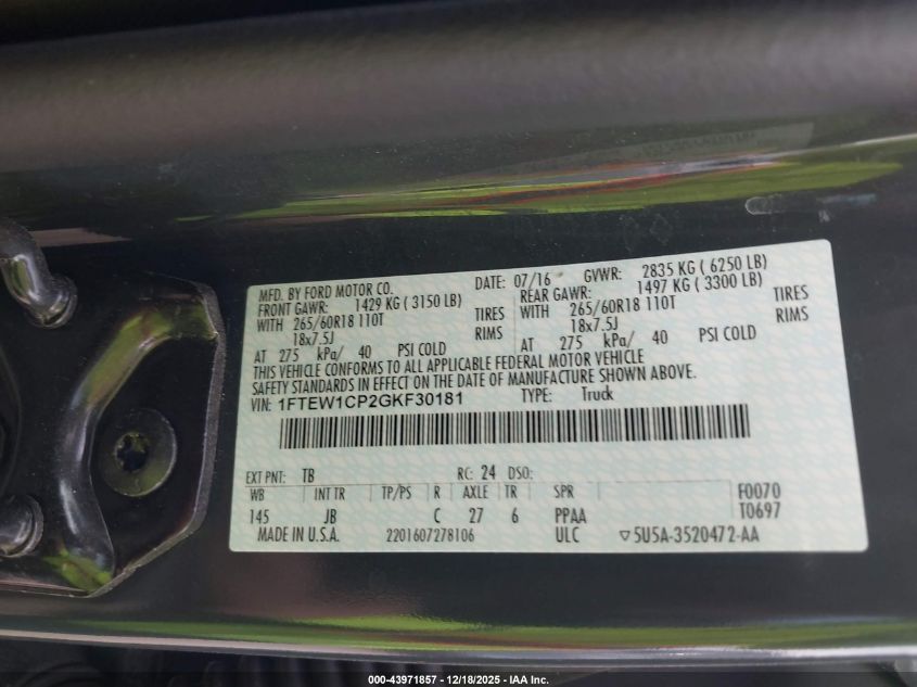 2016 Ford F-150 Xlt VIN: 1FTEW1CP2GKF30181 Lot: 43971857