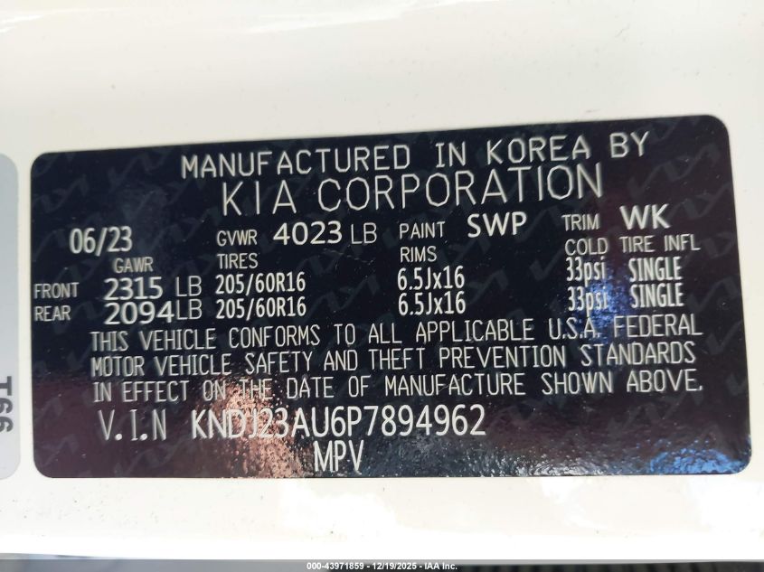 2023 Kia Soul Lx VIN: KNDJ23AU6P7894962 Lot: 43971859