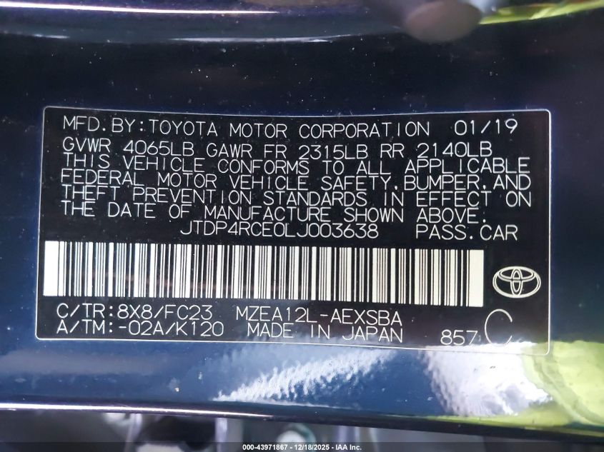 2020 Toyota Corolla Se VIN: JTDP4RCE0LJ003638 Lot: 43971867