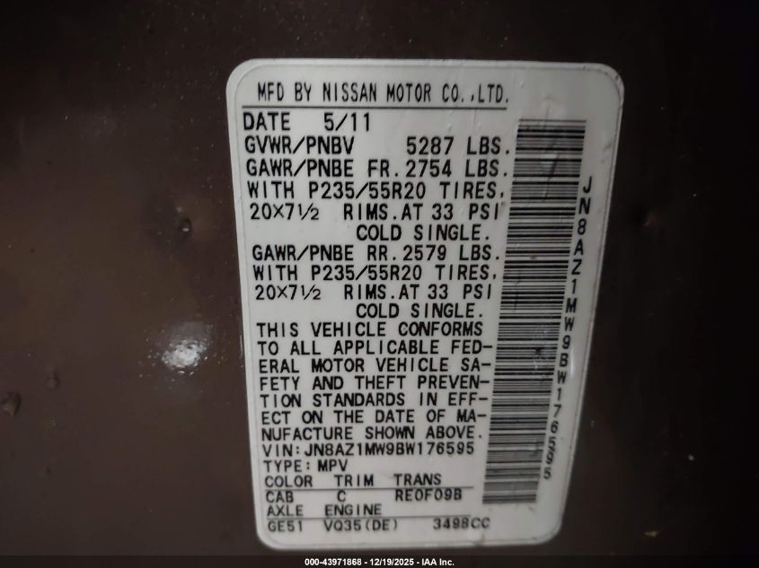 2011 Nissan Murano Le VIN: JN8AZ1MW9BW176595 Lot: 43971868