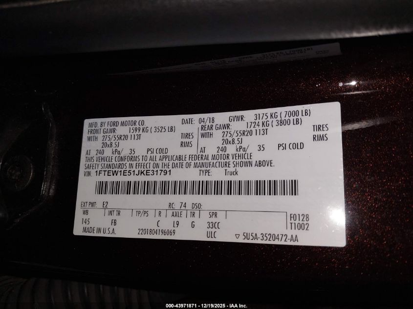 2018 Ford F-150 Xlt VIN: 1FTEW1E51JKE31791 Lot: 43971871